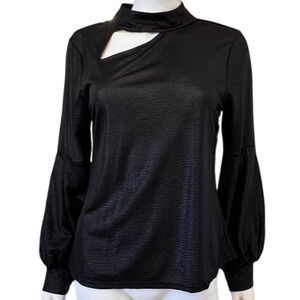 NEW HALOGEN Women’s Rich Black Cutout Mock Neck Top Size M